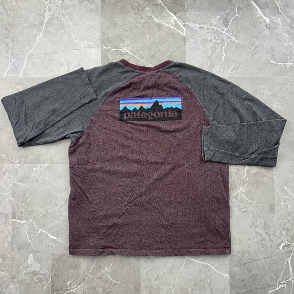 Patagonia Shirt Mens Large Raglan Organic Cotton Graphic Tee Grey Maroon - Picture 1 of 9